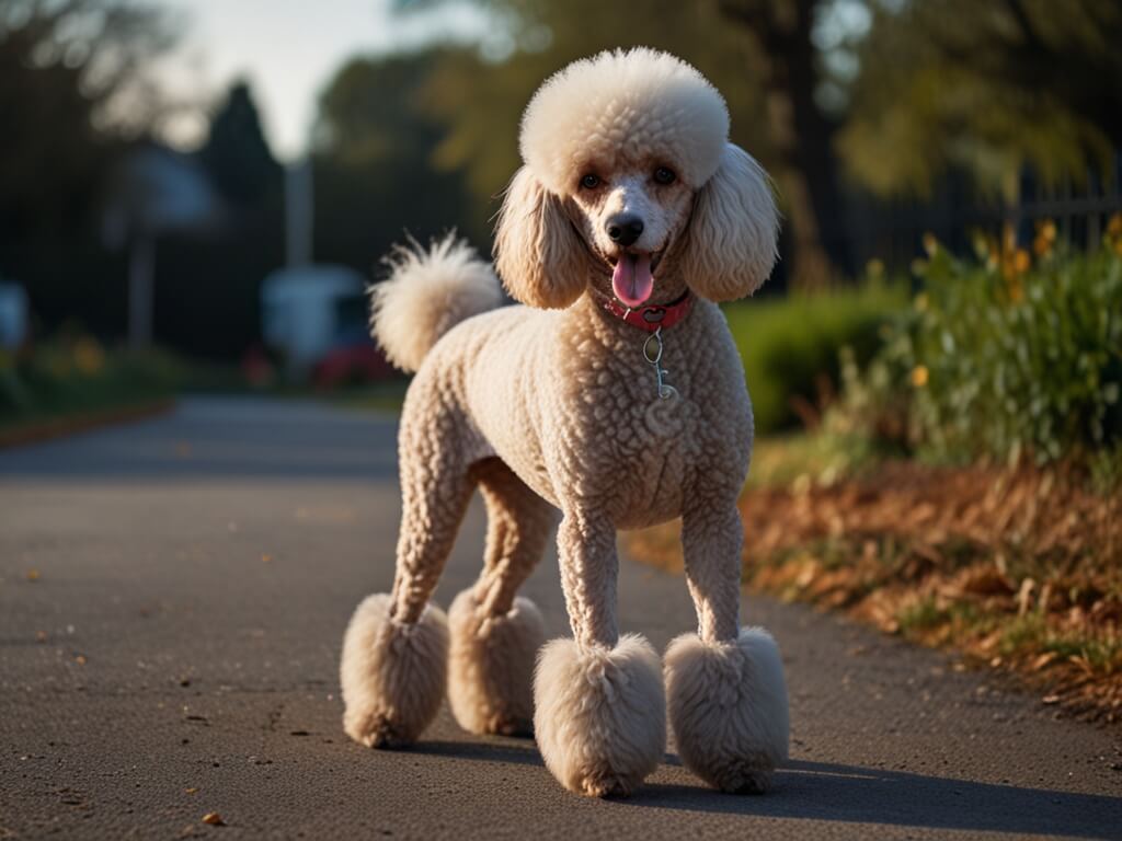 um poodle standard branco em pé na calçada 