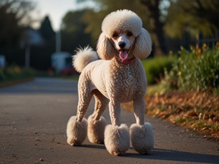 Poodle standard branco, com uma tosagem pompom