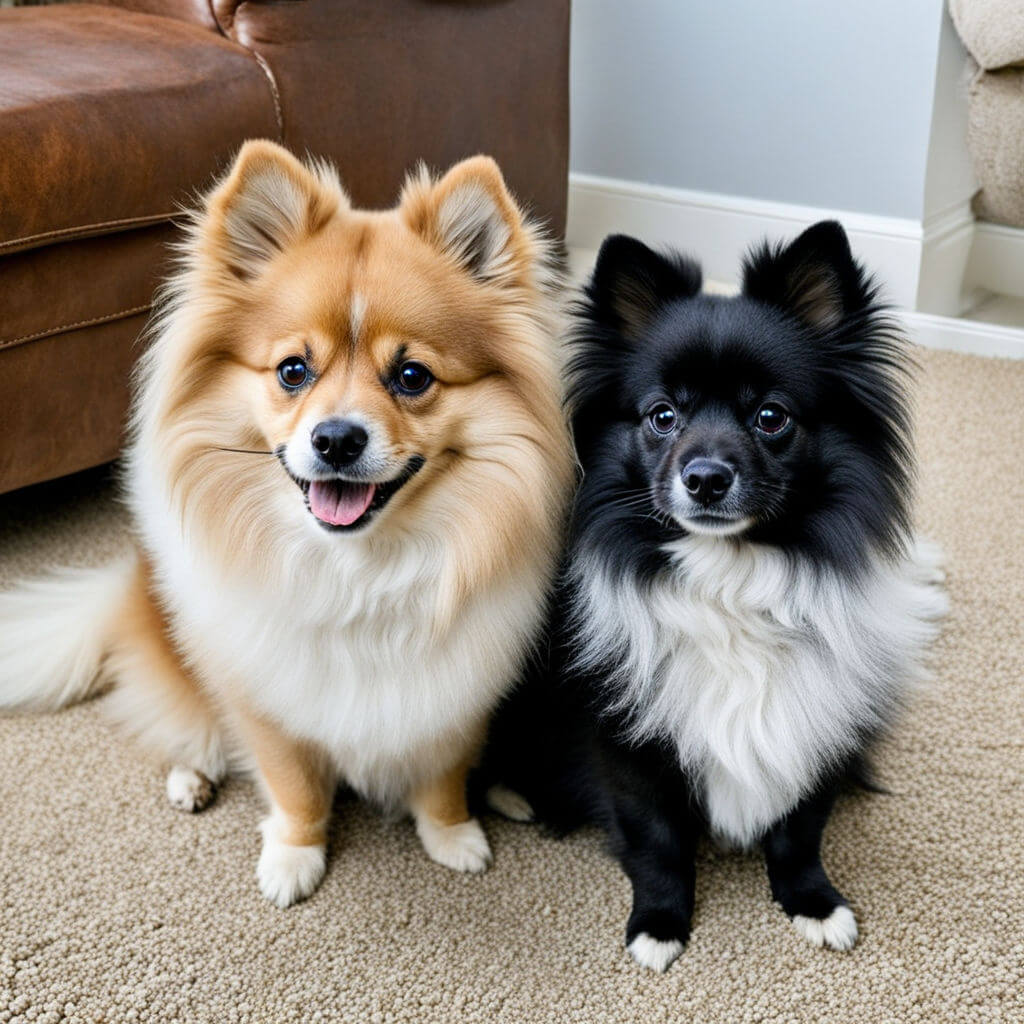 um Spitz Alemão caramelo e Lulu da Pomerânia preto com branco, sentado juntos perto do sofá