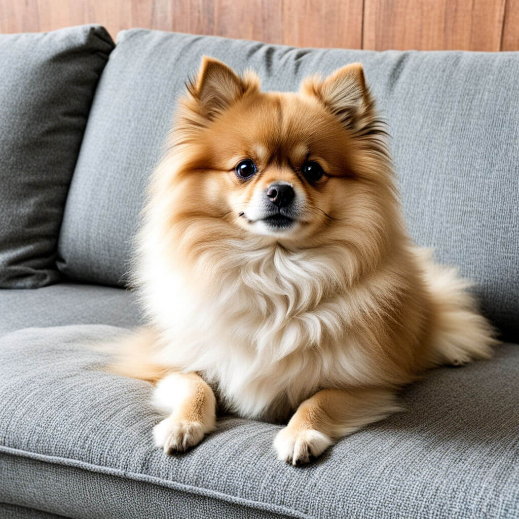 lulu da pomerania sentado no sofá da sala