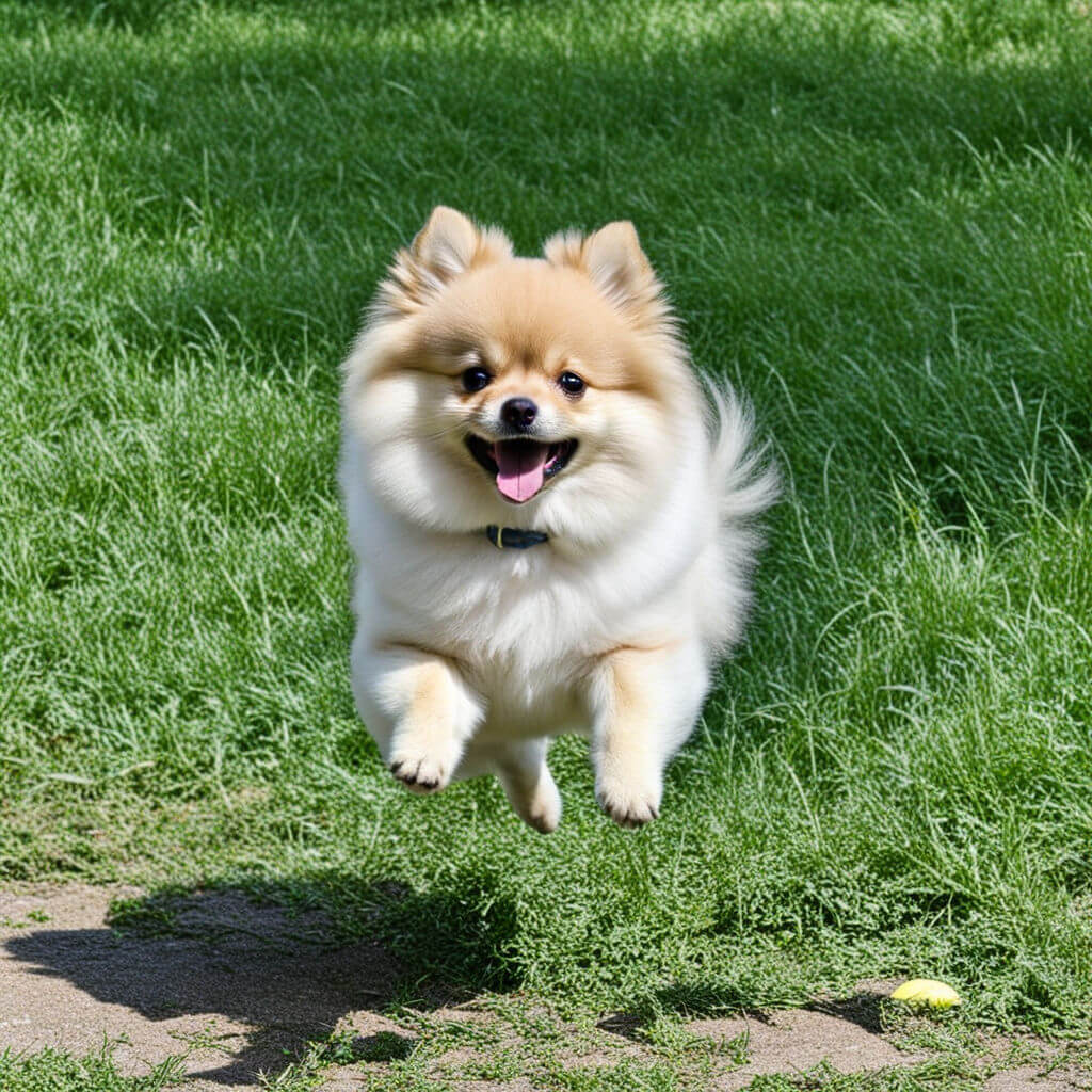 Lulu da Pomerânia pulando na grama verde