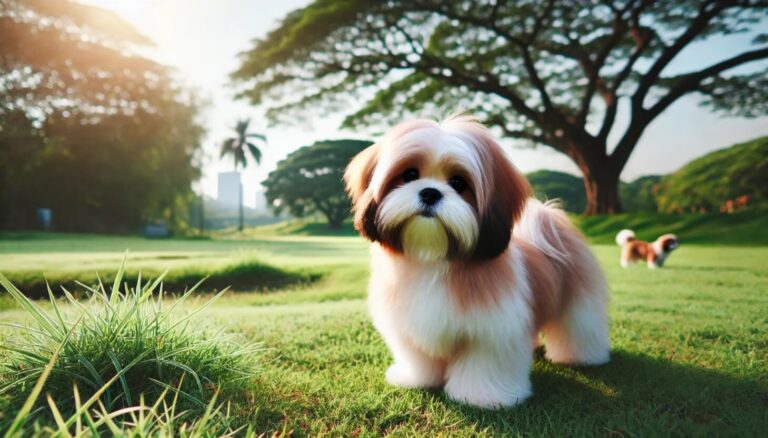 um cachorro Shih Tzu branco com marrom em um gramado verde