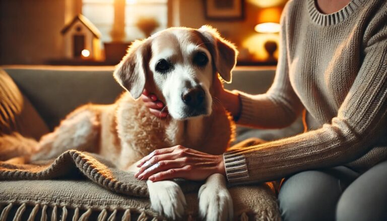 um cachorro idoso sendo bem cuidado pela sua dona em cima do sofá