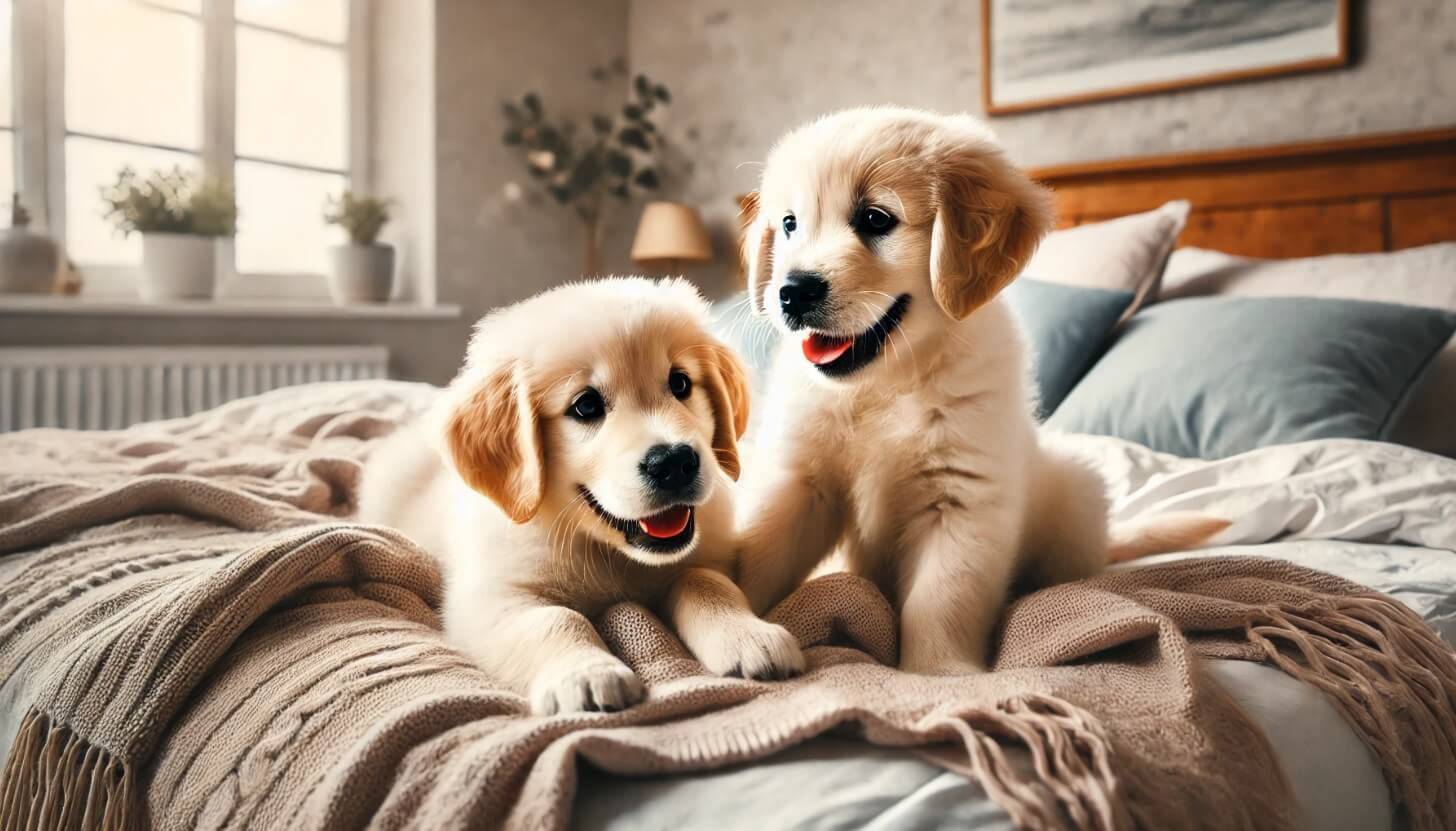 dois filhotes de golden retriever em cima de uma cama