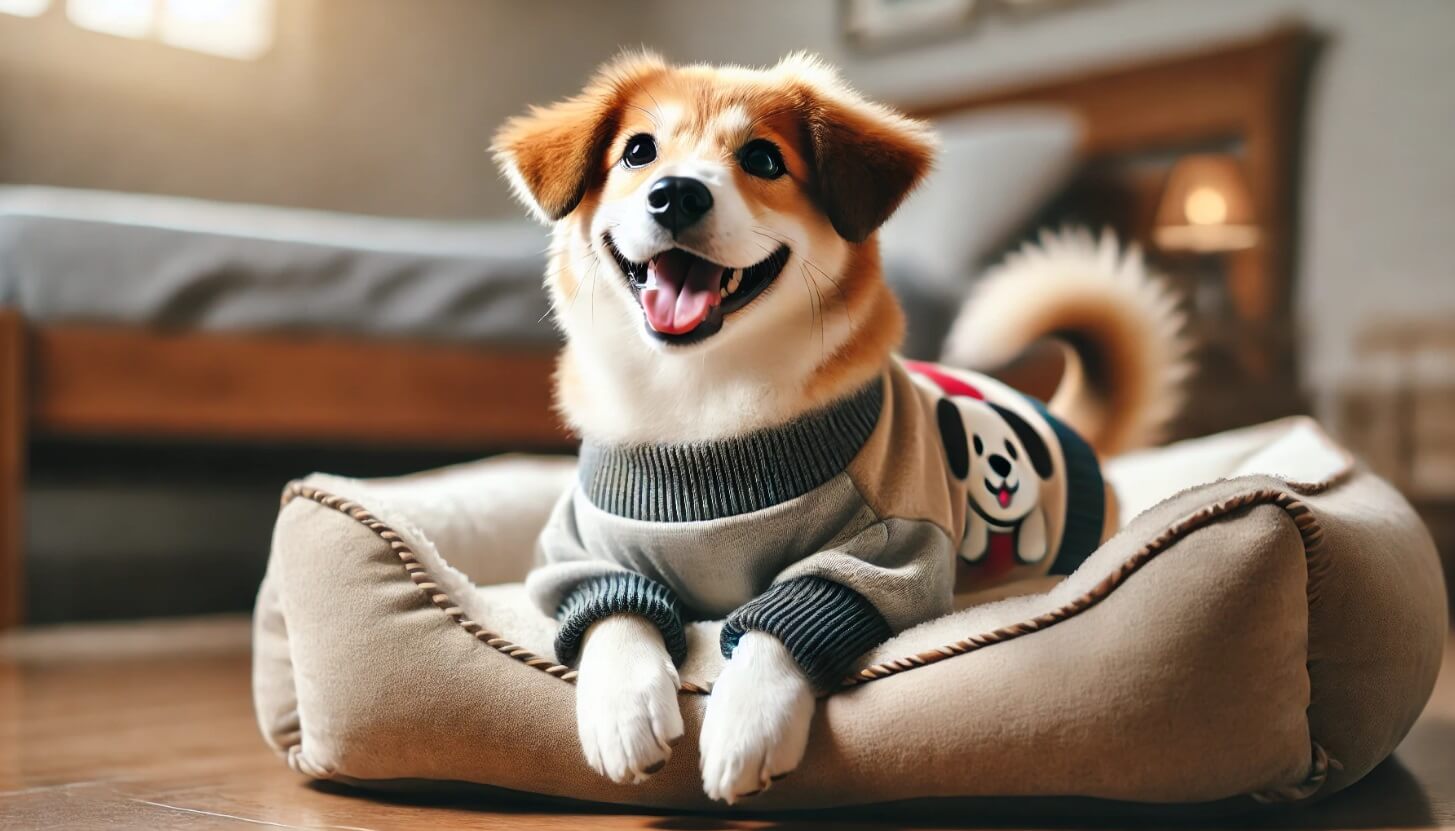 onde comprar agasalho de cachorro um cachorro branco e caramelo deitado na sua cama, usando agasalho de cachorro